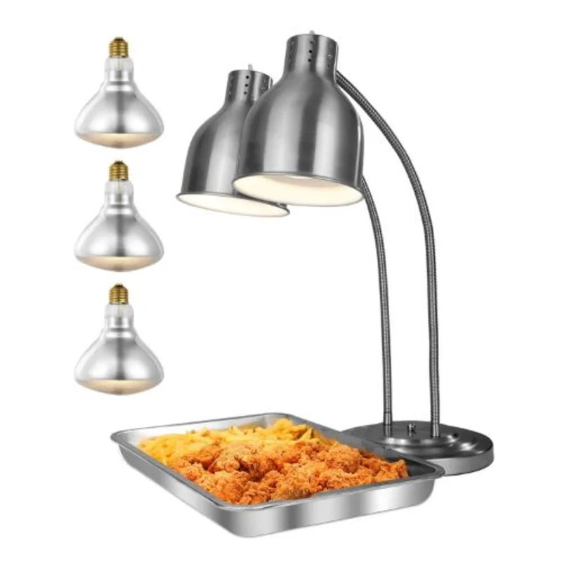 500W Electric Food Warmer Light, Two-Head Stainless Steel Heat Lamp with 3 Bulbs for Fries, Buffet & Kitchen Use
