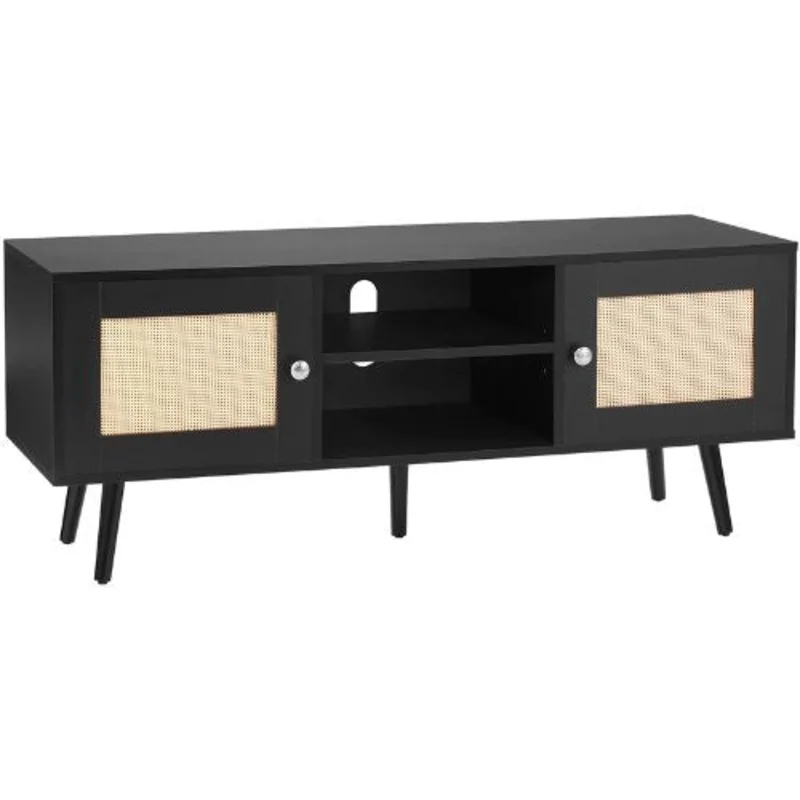 55 Inch Mid Century Modern Rattan TV Stand with Adjustable Shelves for Living Room Media Room (Black)