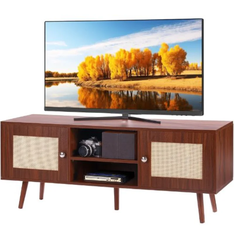 55 Inch Rattan TV Stand Cabinet with Adjustable Shelves for Living Room Console (Walnut)