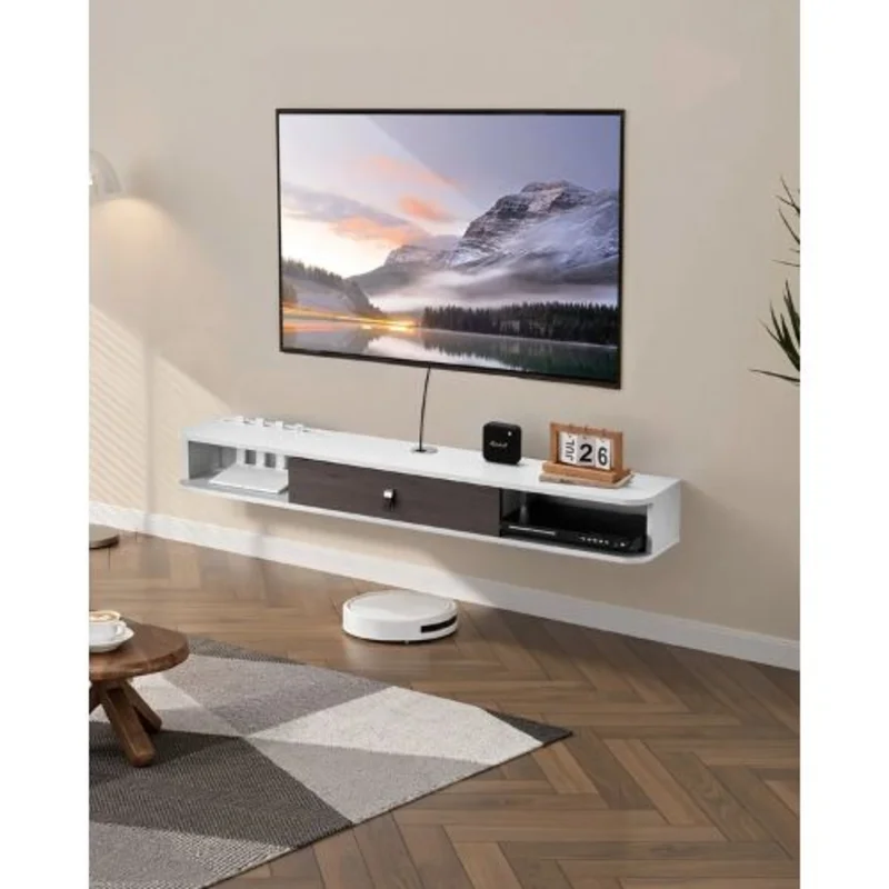 55In Floating TV Stand with Storage Cabinet Wall Mount Entertainment Center Power Outlet & Cable Hole - (White)