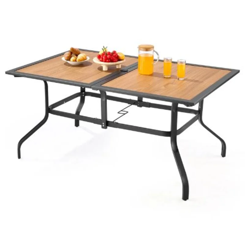 59-Inch Rectangular Wood-Like Steel Slat Bistro Table for 4-6 with Umbrella Hole  All-Weather Patio Furniture for Lawn Garden and Porch (Brown)