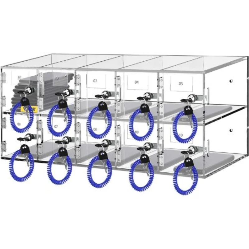 5x2 Cell Phone Storage Locker 10 Slots Acrylic Material with Door Locks and Keys for Office Classroom Gym Box Clear