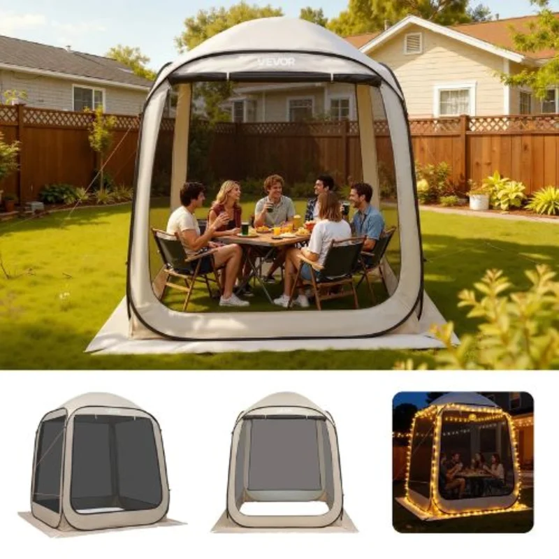 6 x 6 ft Pop-Up Screen Tent, 46 Person Screened Canopy Shelter with Netting Sides Stakes & Carry Bag (Beige)