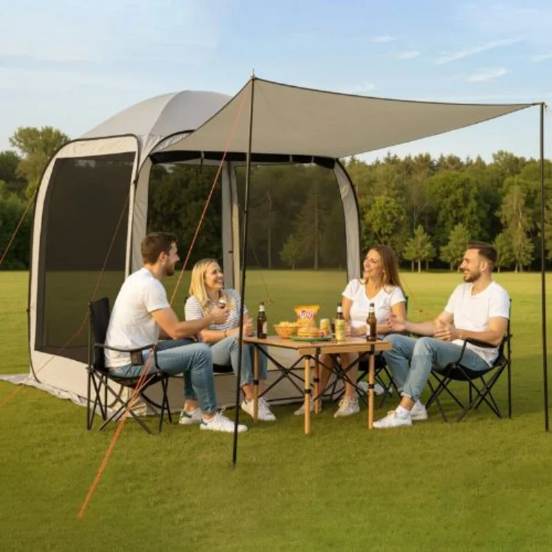 6 x 6 ft Pop-Up Screen Tent with Awning, 46 Person Screened Canopy Shelter with Netting Sides & Carry Bag (Beige)