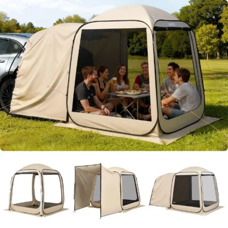 6 x 6 ft SUV Tailgate Pop-Up Screen Tent 46 Person Screened Canopy with Netting Sides & Carry Bag  (Beige)