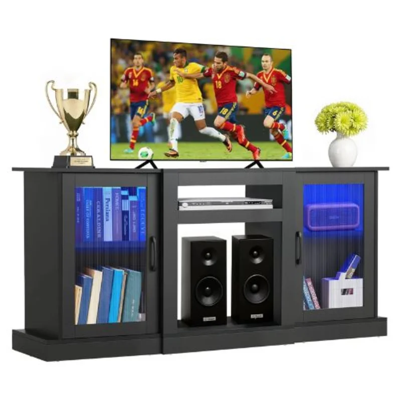 65In TV Stand with Light Strip Wooden Cabinet with Glass Doors and Adjustable Shelves for Living Room & Bedroom (Black)
