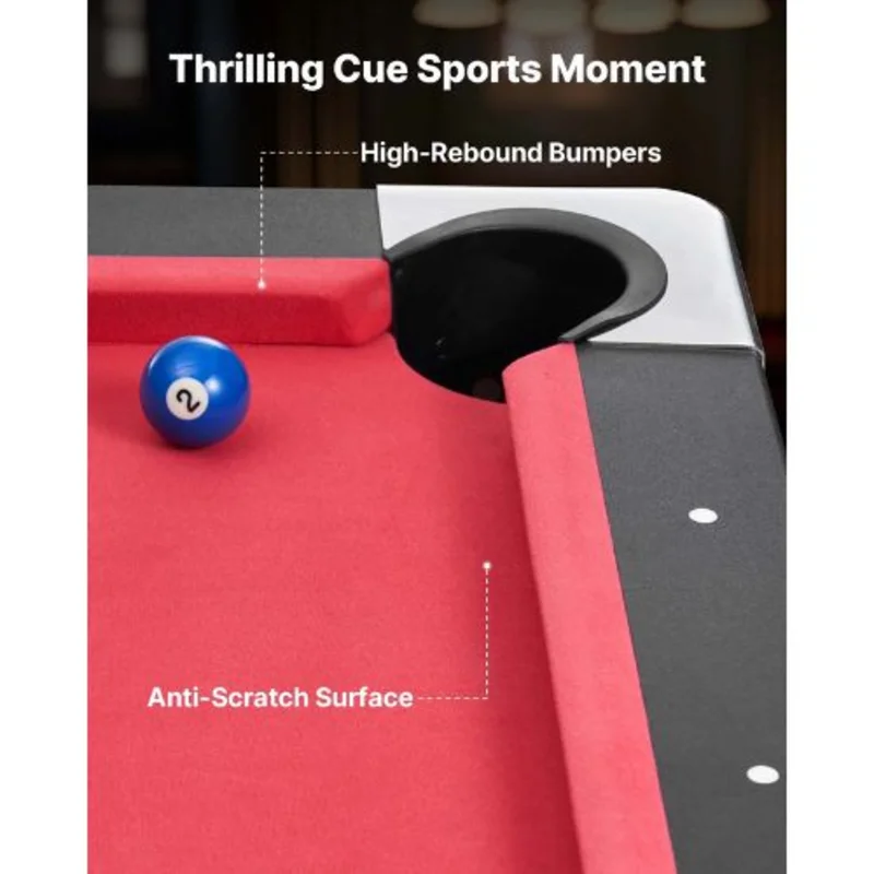 6ft Portable Pool Table  Black Frame Red Cloth for Family Game Room Kids Adults