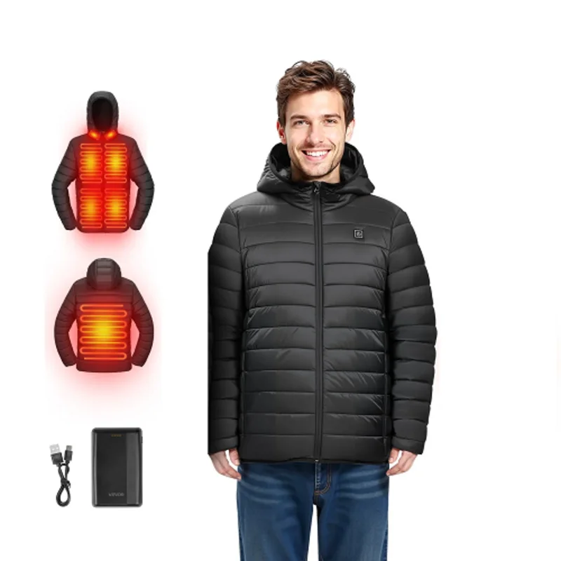 7.4V Battery Mens Heated Jacket with Soft Shell Electric Heating Coat, 4 Heating Zones, 3 Heat Settings, Hiking, Outdoor Work, Size M, Black