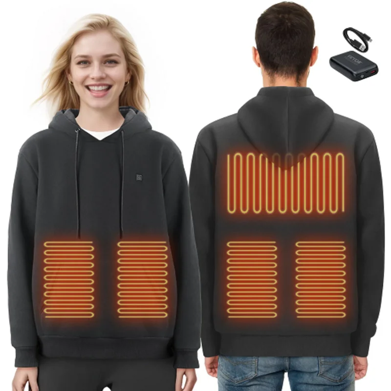 7.4V Battery-Powered Electric Heated Pullover Sweatshirt for Men & Women, 5 Heating Zones, Lightweight Warm Outdoor Hoodie, Size S, Black