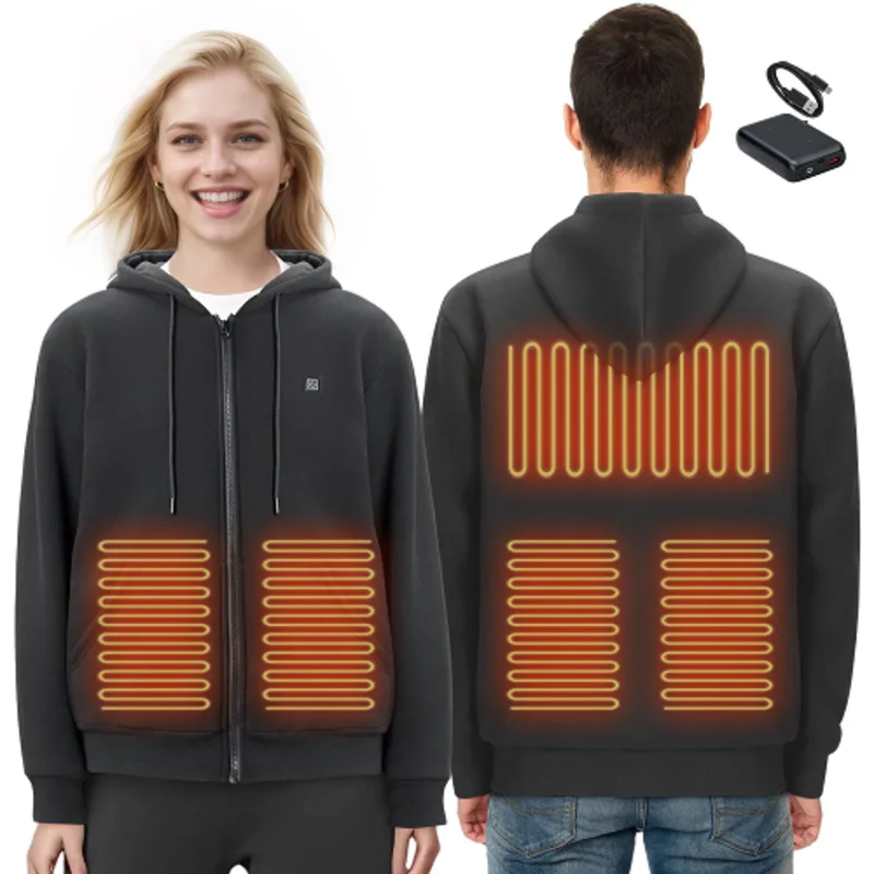 7.4V Battery-Powered Electric Heated Zip Up Sweatshirt for Men & Women, 5 Heating Zones, Lightweight Warm Outdoor Hoodie, Size XXL , Black