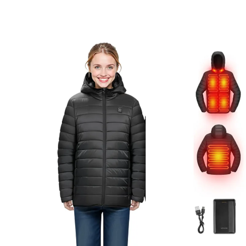 7.4V Battery Womens Heated Jacket with Soft Shell Electric Heating Coat, 4 Heating Zones, 3 Heat Settings, Hiking, Outdoor Work, Size L, Black
