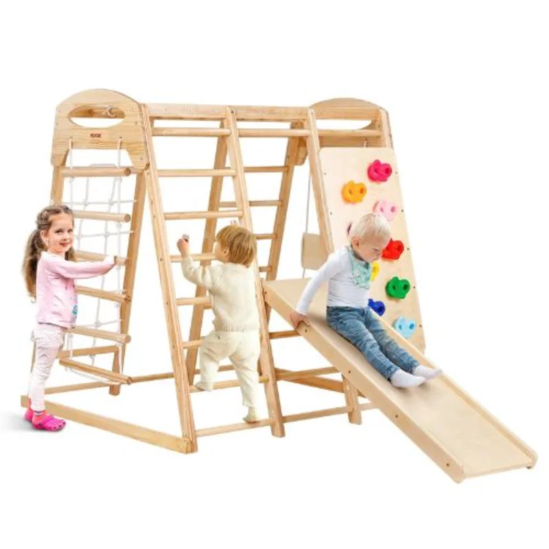 7-in-1 Toddler Indoor Jungle Gym, Wooden Climbing Playset with Swing, Slide & More