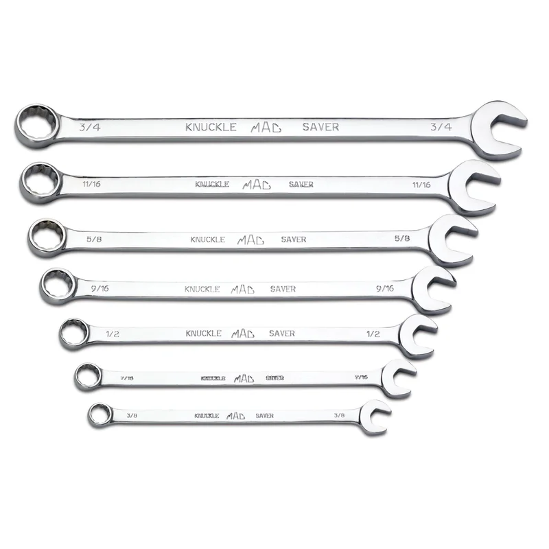 7-PC. SAE Long Knuckle Saver Combination Wrench Set - 12-PT.