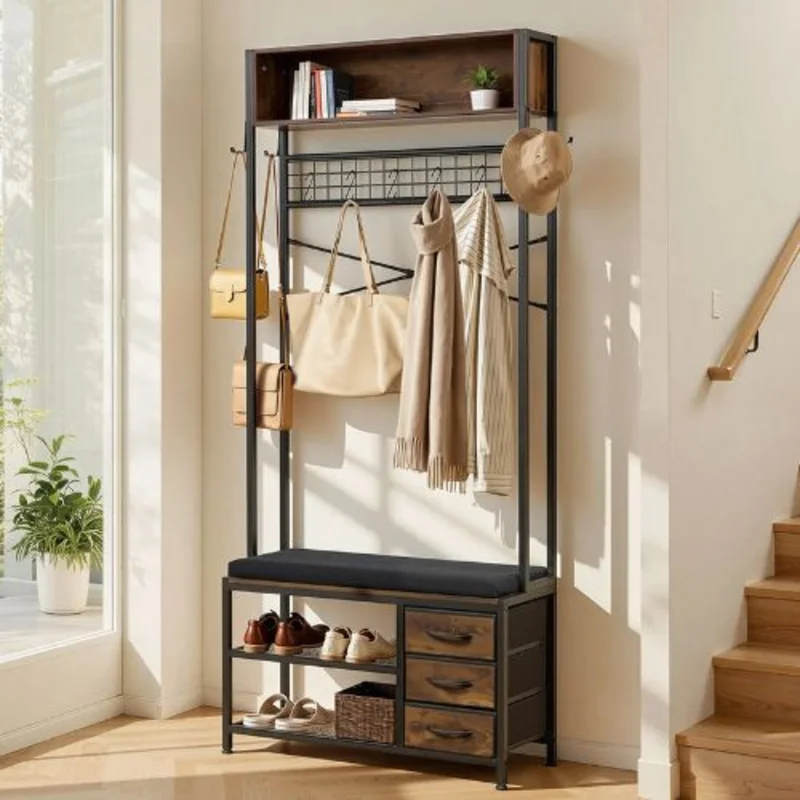70.9" Hall Tree Coat Rack with Shoe Bench & 3 Drawers 3-in-1 Organizer with Hooks Shelves & Steel Frame for Entry Bedroom