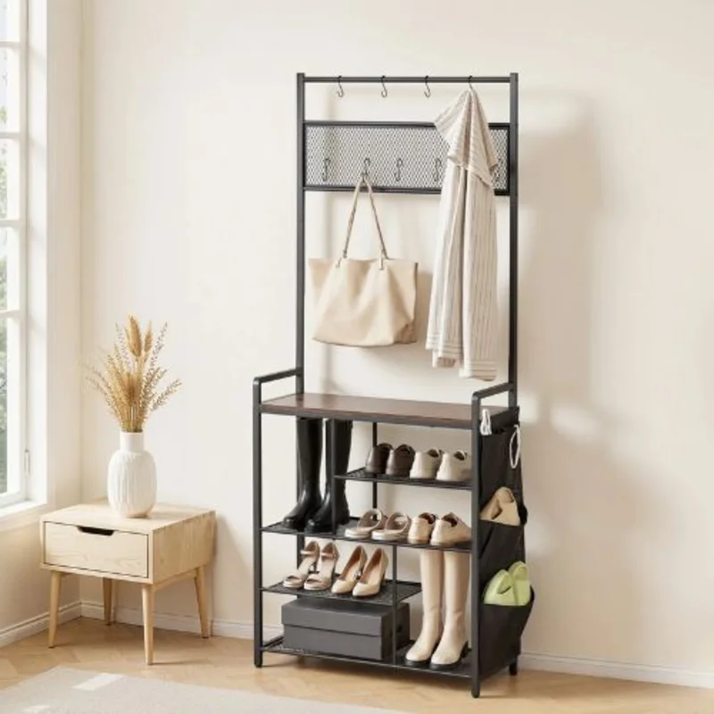 70.9" Hall Tree Coat Rack with Shoe Storage 4-Tier Organizer Hooks Side Pocket Wire Shelf Steel Frame for Entryway Bedroom Closet