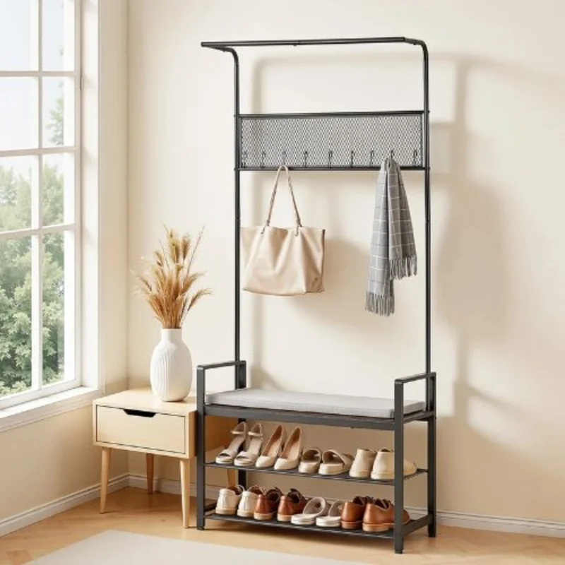 72" Hall Tree Coat Rack with Shoe Bench 2-Tier Shoe Rack Hooks & Hanging Rod Steel Frame Storage Organizer for Entry Bedroom Closet