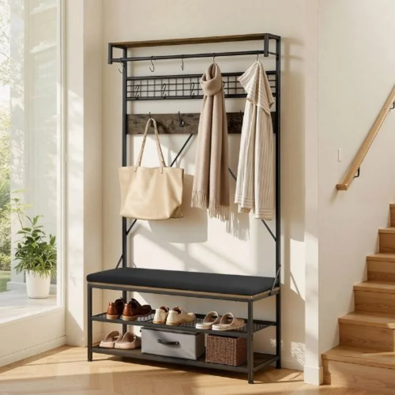 72" Hall Tree Coat Rack with Shoe Bench 2-Tier Shoe Rack Hooks Hanging Rod & Wire Shelf Steel Frame Organizer for Bedroom Closet