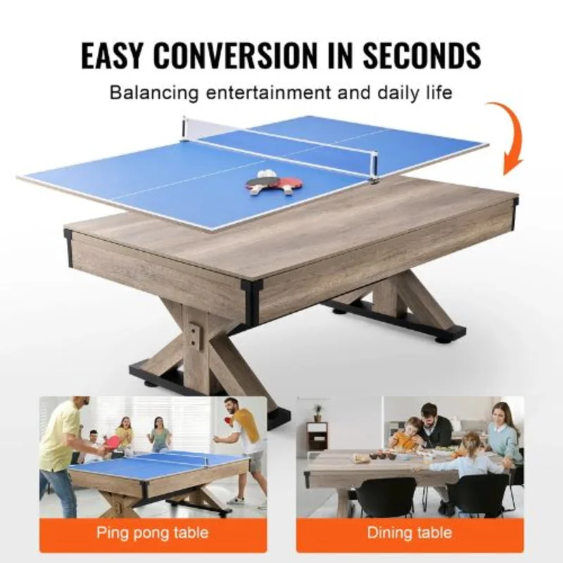 7ft 3-in-1 Pool Dining Tennis Table  Wood Finish Grey Cloth for Family Game Room Kids Adults