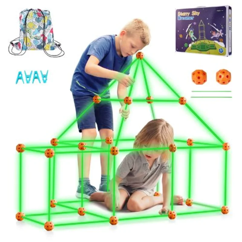 85 PCS Glow-in-the-Dark Fort Building Kit for Kids, STEM Construction Toy with 55 Rods & 30 Balls, Ages 48+