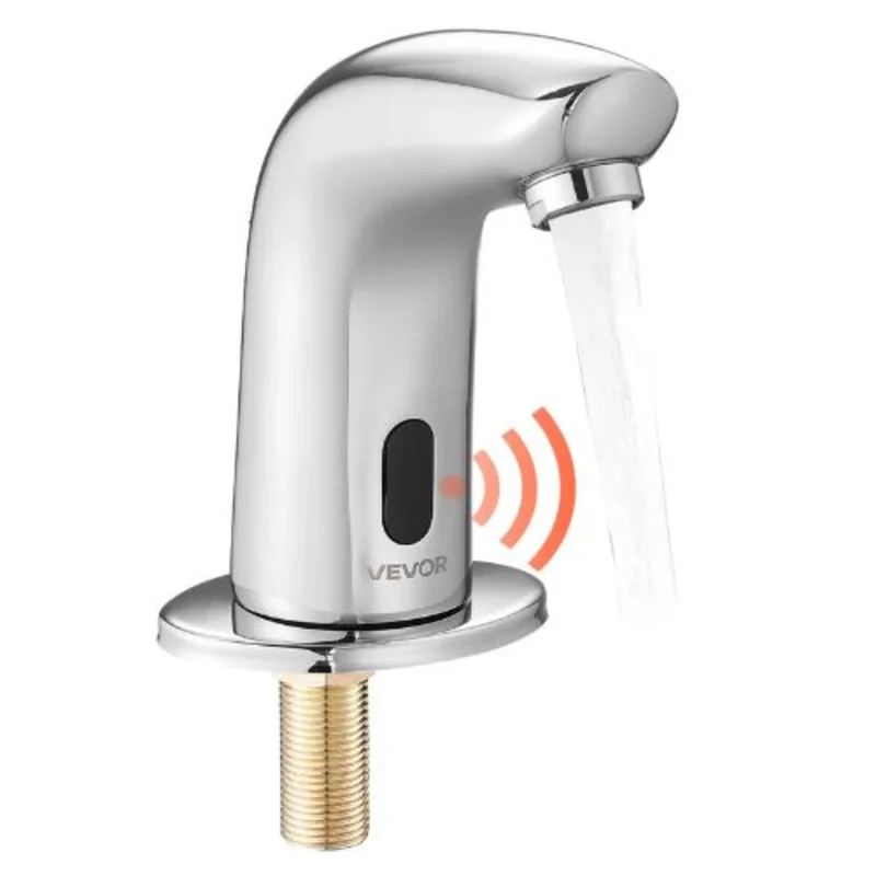 9/16" Touchless Motion Sensor Bathroom Faucet Battery-Operated Cold-Water Tap with Cover Plate Chrome Plated