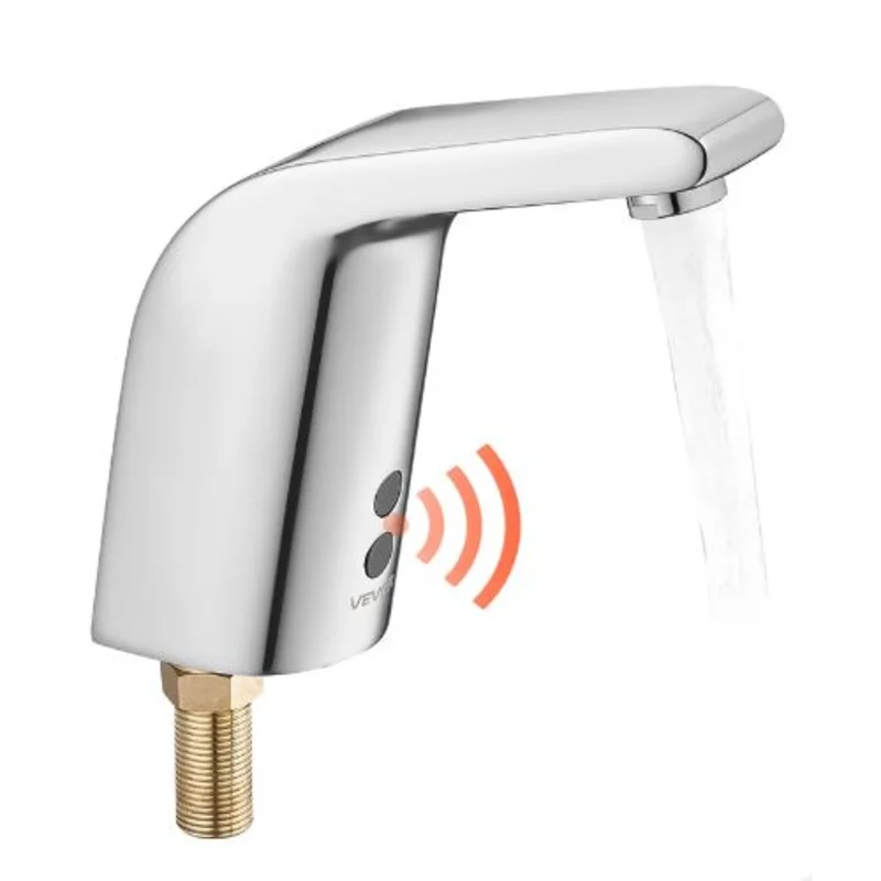 9/16" Touchless Motion Sensor Bathroom Faucet Cold-Water Single-Hole Tap Battery-Operated Chrome Plated Silver