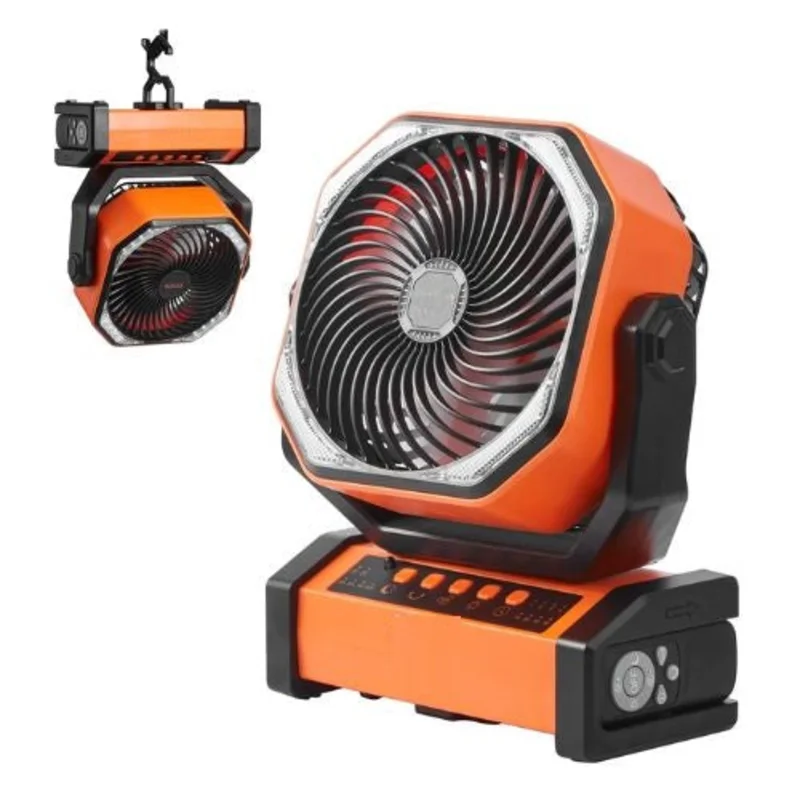 9 Inch Portable Rechargeable Fan with LED Lantern 4-Speed Adjustable, 45/90 Automatic Swivel, Timer, USB Battery-Powered Fan