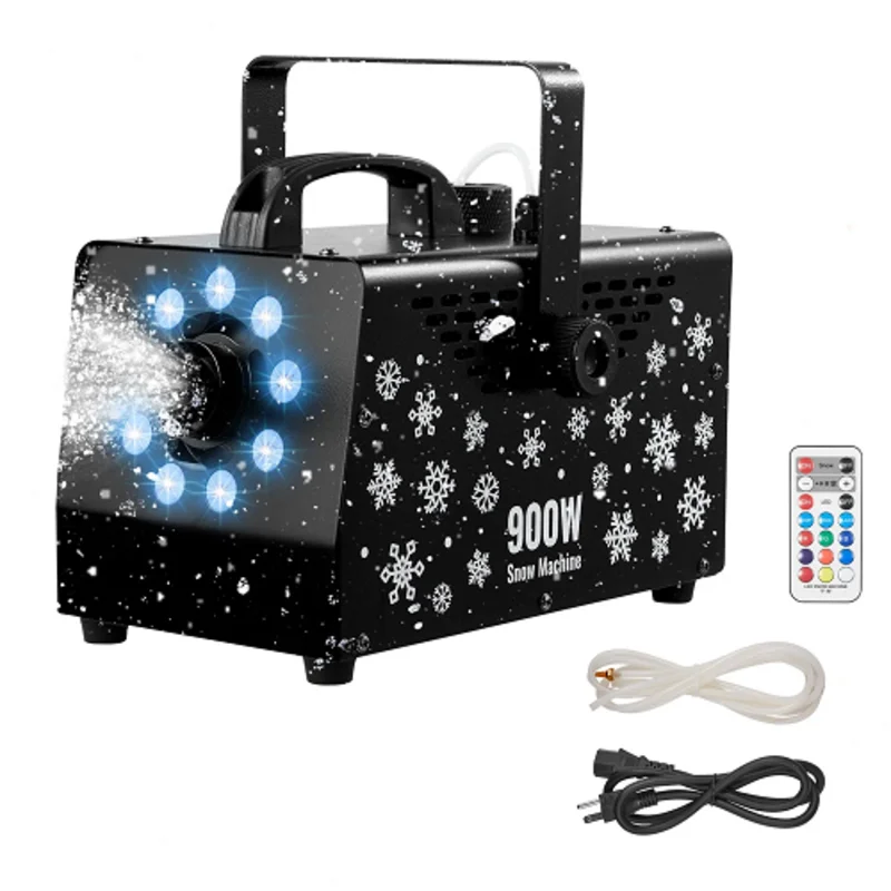 900W LED Snow Making Machine with 12-Color Lighting, Wireless Remote, Handheld/Hanging Design & 1L Tank