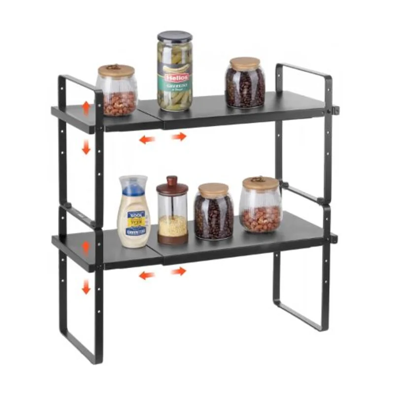 "Adjustable 2-Tier Kitchen Cabinet Shelf Organizer - Expandable Stackable Storage Riser for Pantry Bathroom & Office (Black)"