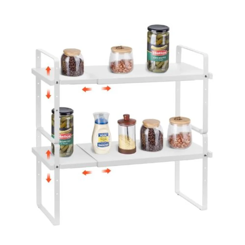 "Adjustable 2-Tier Kitchen Cabinet Shelf Organizer - Expandable Stackable Storage Riser for Pantry Bathroom & Office (White)