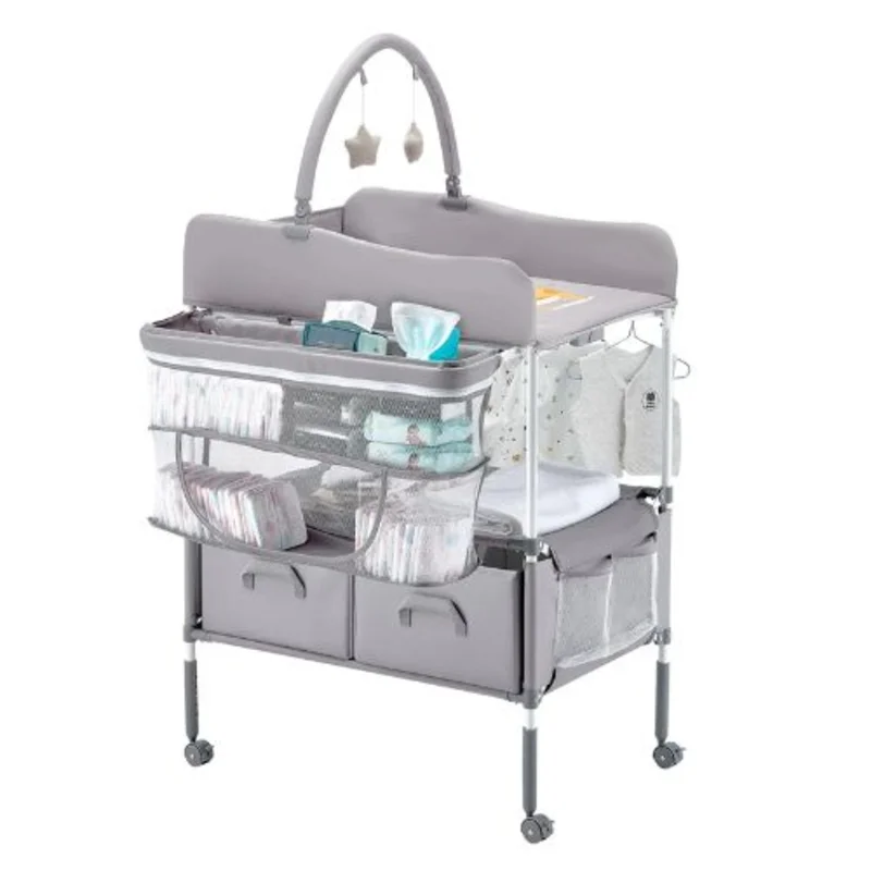 Adjustable Baby Changing Table with Drawers Foldable Diaper Station with Wheels Side Basket Hanging Rod & Star Toys (Light Gray)