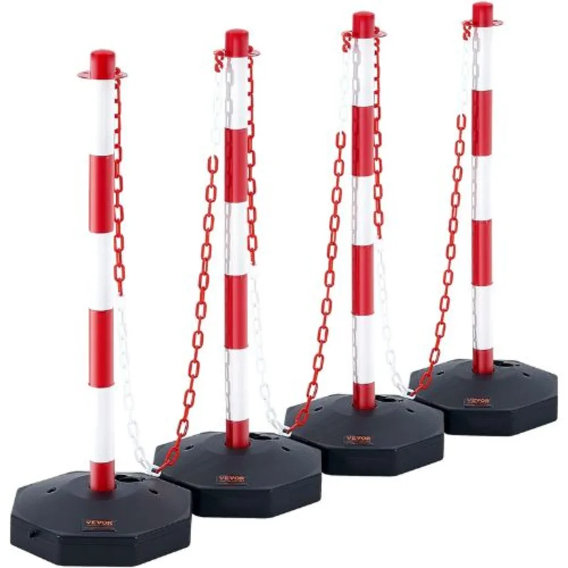 Adjustable Traffic Delineator Post Cones 4 Pack with Fillable Base & 8FT Chain Red & White for Parking Lot & Road Safety