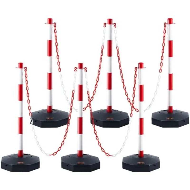 Adjustable Traffic Delineator Post Cones with Fillable Base & 6.6FT Chain Red & White for Parking Lot & Road Safety (6 Pack)