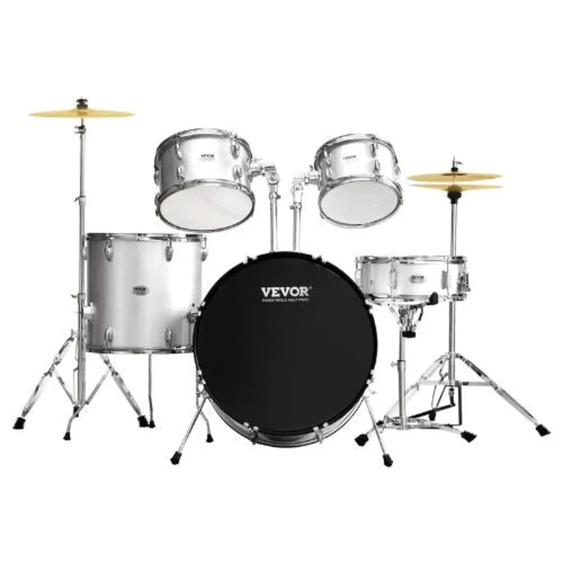 Adult 5-Piece 22 Full-Size Drum Set Complete Beginner Kit with Throne, Cymbals & Pedal (Silver)