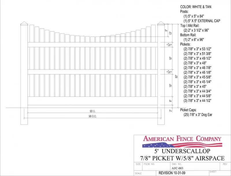 AFC-003 5' Tall x 8' Wide Underscallop Fence with 5/8" Air Space White