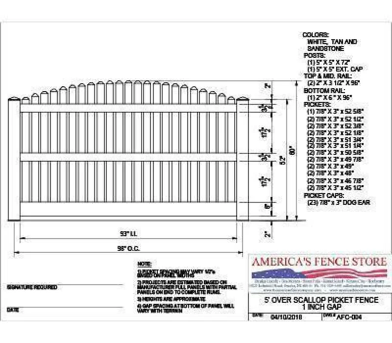 AFC-004 5' Tall x 8' Wide Overscallop Fence with 5/8" Air Space White