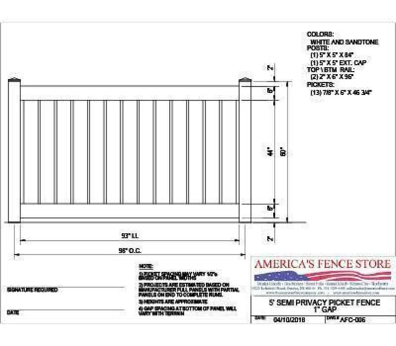 AFC-006 5' Tall x 8' Wide Semi Private Fence with 1" Air Space White