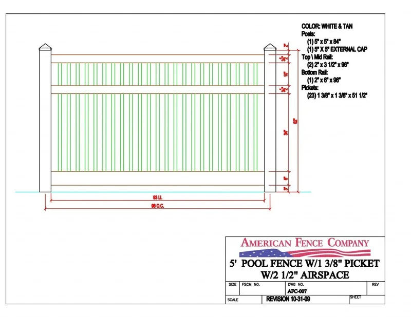 AFC-007 5' Tall x 8' Wide Pool Fence with 2-1/2" Air Space White