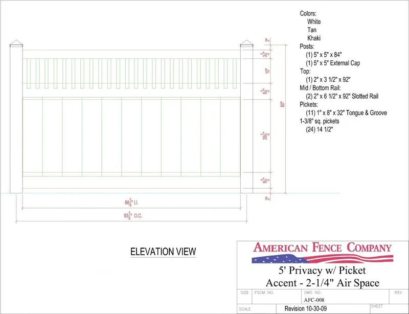AFC-008 5' Tall x 8' Wide Privacy Fence with Picket Accent with 2-1/4" Air Space White