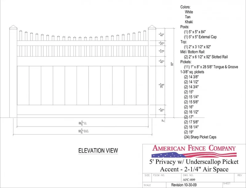 AFC-009 5' Tall x 8' Wide Privacy Fence with Underscallop Picket Accent with 2-1/4" Air Space White