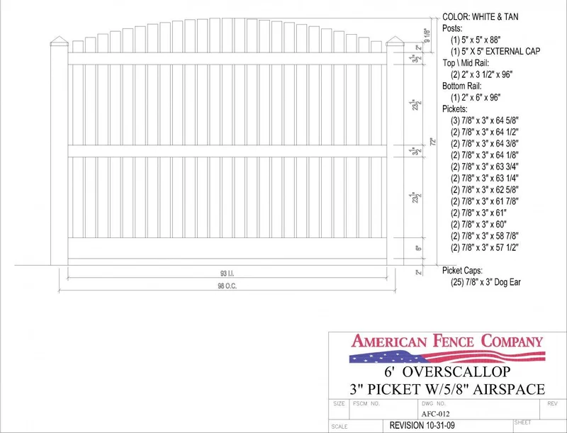 AFC-012 6' Tall x 8' Wide Overscallop Fence with 5/8" Air Space White