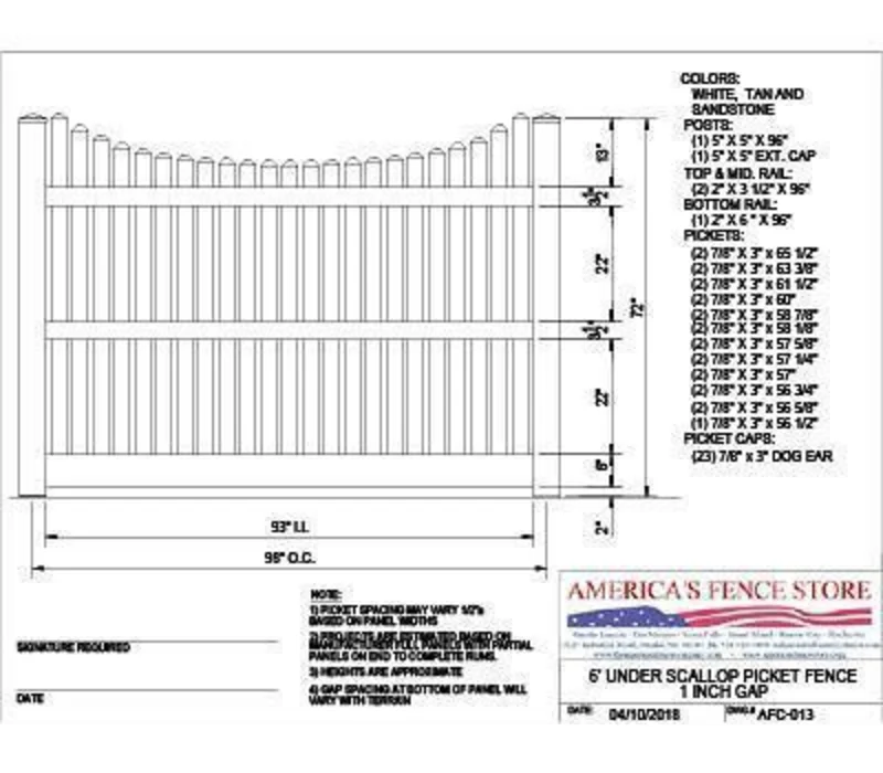 AFC-013 6' Tall x 8' Wide Underscallop Fence with 5/8" Air Space White