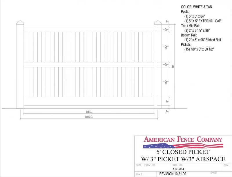 AFC-014 5' Tall x 8' Wide Closed Picket Fence with 3" Air Space White