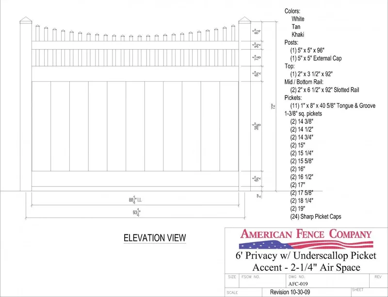 AFC-019 6' Tall x 8' Wide Privacy Fence with Underscallop Picket Accent White