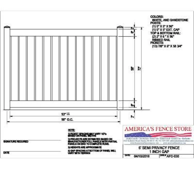 AFC-030 6' Tall x 8' Wide Semi Private Fence with 1" Air Space White