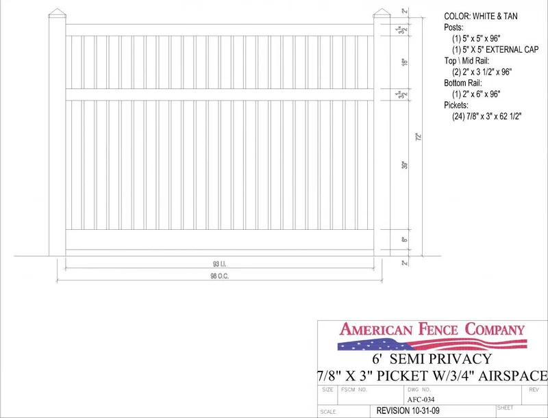AFC-034 6' Tall x 8' Wide Semi Private Fence with 3/4" Air Space White