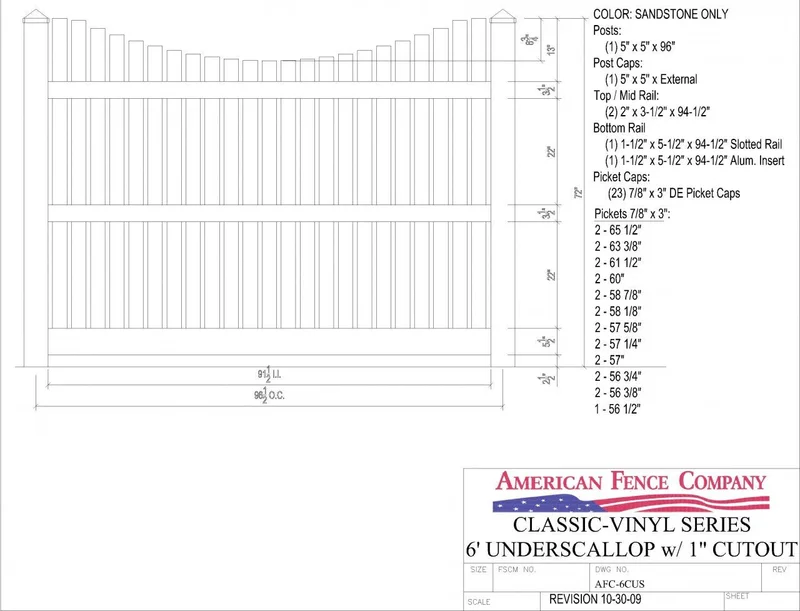 AFC6CUS   6' Tall x 8' Wide Underscallop Picket Fence with 1" Air Space Sandstone