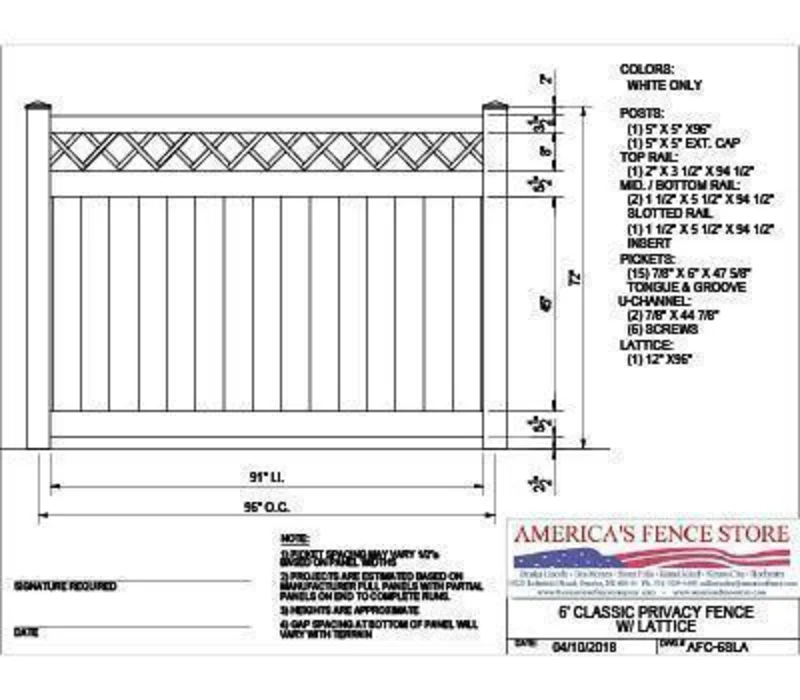AFC6SLA   6' Tall x 8' Wide Privacy Fence with Lattice Accent White
