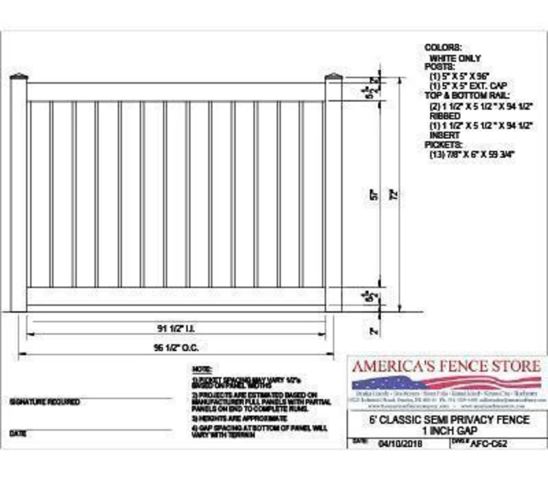 AFCC62   6' Tall x 8' Wide Semi Private Fence with 1" Air Space White