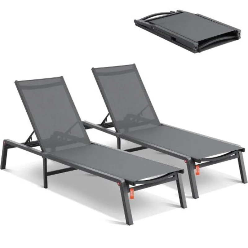 Aluminum Outdoor Chaise Lounge Chairs 5-Position Adjustable Folding Recliner for Patio Beach Pool Dark Grey (2-Pack)