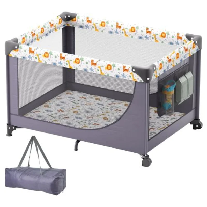 Baby Playpen Travel Crib Quick-Folding with Wheels Breathable Mesh & Travel Bag Portable Kids Activity Center for 0-36 Months
